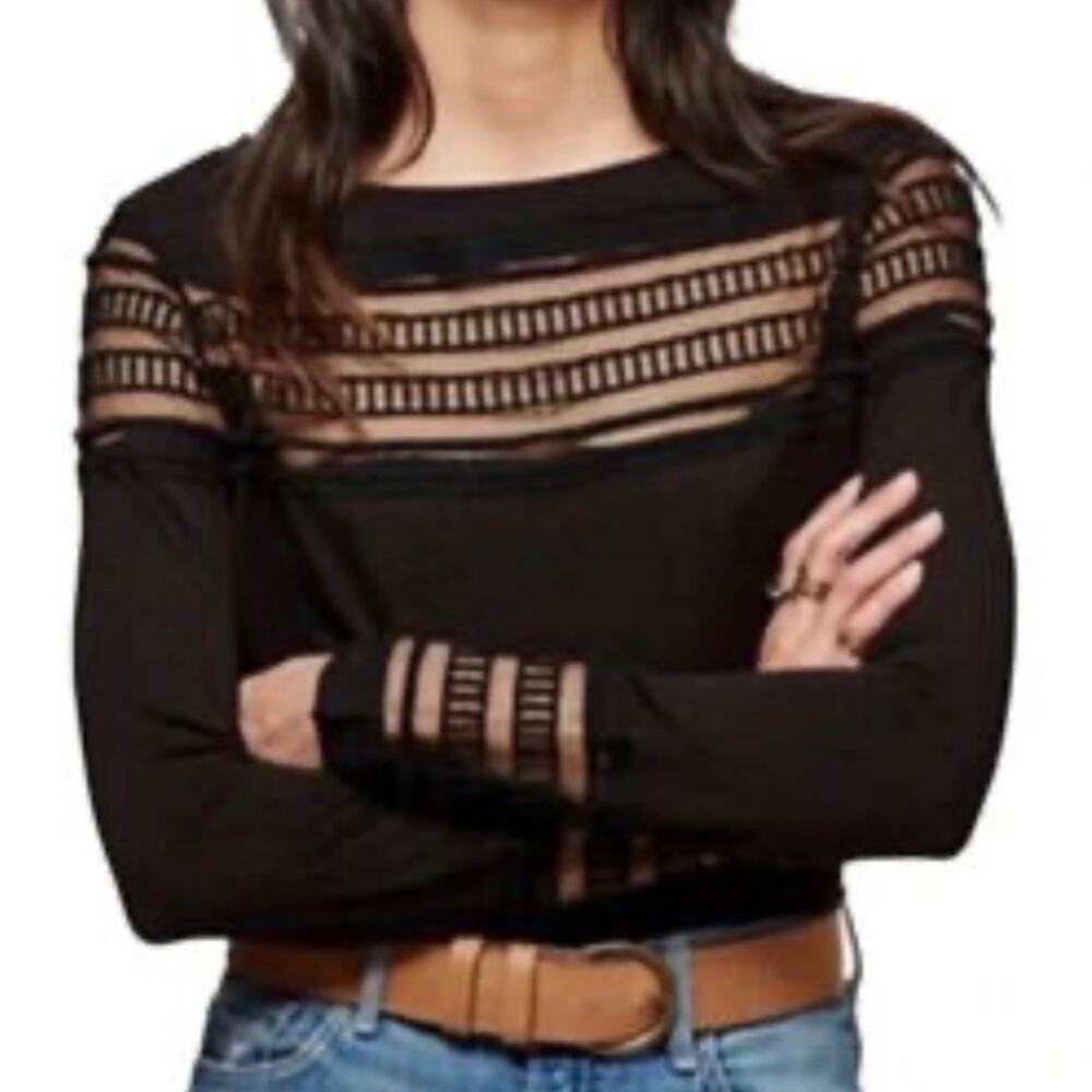 Free People Roxy Roxie Tee Black Long Sleeve Boho Top Lace Hi Low Hem XS